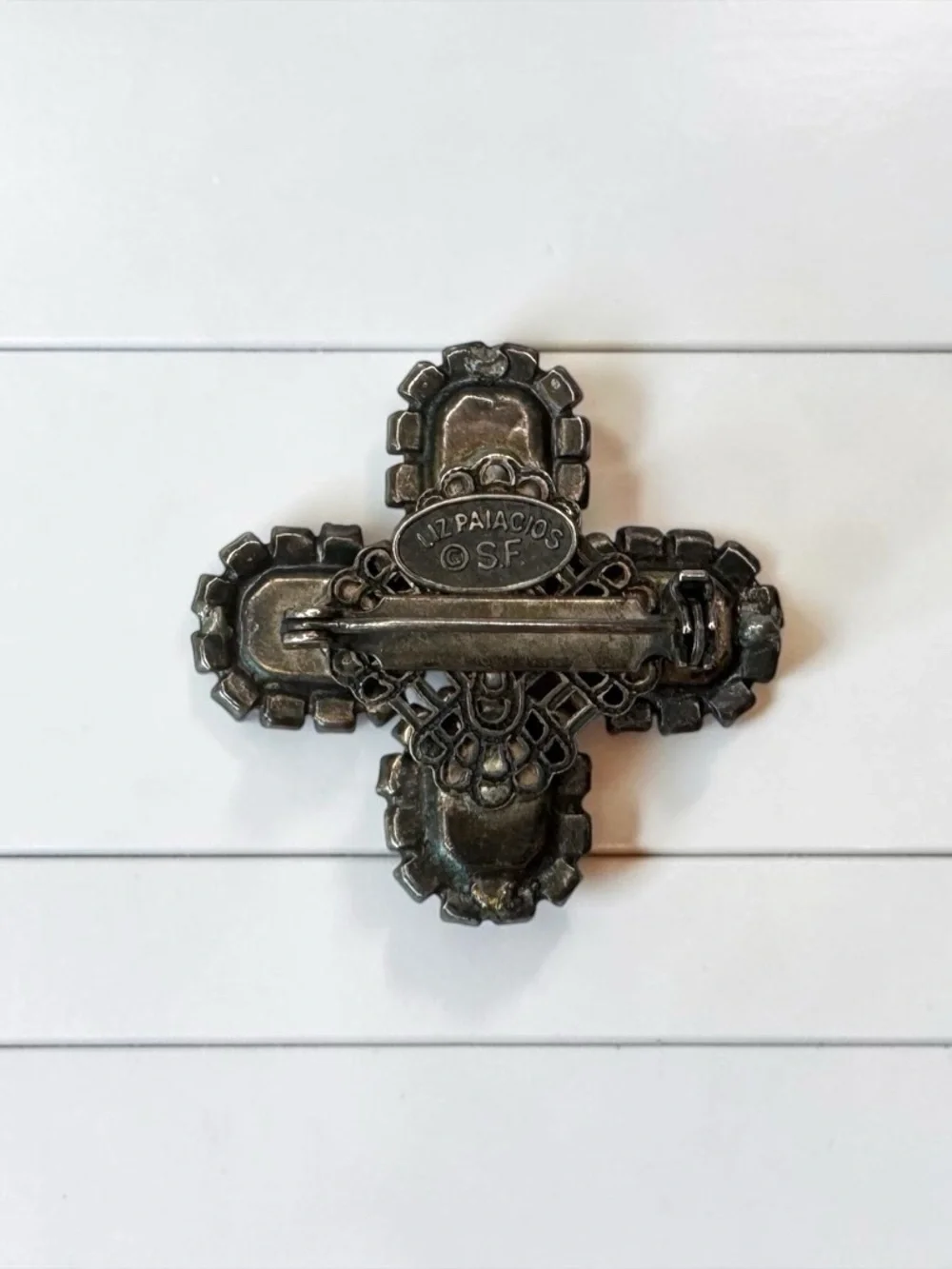 Liz Palacios Purple Rhinestone Cross Brooch Pin Vintage Style Statement Jewelry